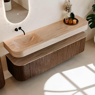 MONDIAZ THOR-DLUX Meuble de salle de bains - 180cm - arrondi gauche + droite - couleur Walnut - 2 tiroirs et 2 portes - Vasque suspendue CLOUD Gauche sans trou de robinet - couleur Saba