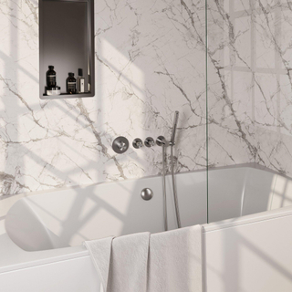 BRAUER Stripe Mitigeur thermostatique de baignoire - SET 01 - encastré - combinaison de remplissage de baignoire - douchette à main sur barre - flexible de douche - coude mural - couleur inox brossé PVD