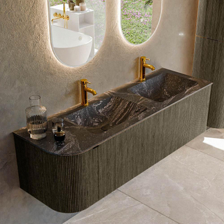 Mondiaz KURVE-DLUX Ensemble de meuble salle de bain - 145x46x40cm - 1 tiroir - 1 porte - lavabo en solid surface - double / droite - 2 trous de robinet - Shadow