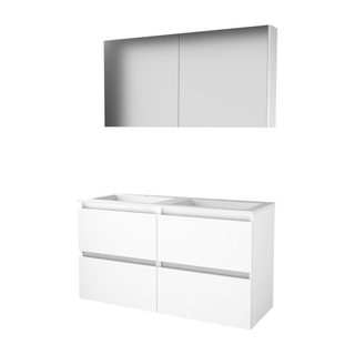 Basic-Line Comfort 46 ensemble de meubles de salle de bain 120x46cm sans poignée 4 tiroirs lavabo acrylique 2 trous de robinetterie armoire de toilette mdf laqué blanc glacier
