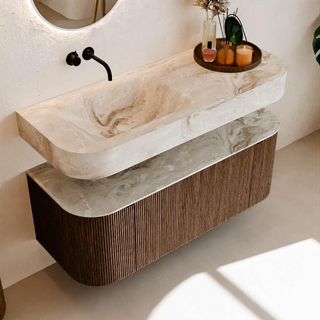 MONDIAZ THOR-DLUX 120cm badmeubel ronding links + rechts kleur Walnut met 1 lade en 2 deuren. Vrijhangende wastafel CLOUD Links zonder kraangat kleur Frappe.