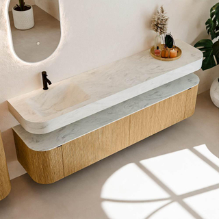 MONDIAZ THOR-DLUX 200cm meuble de salle de bains arrondi gauche + droite couleur Oak avec 2 tiroirs et 2 portes. Vasque suspendue CLOUD Gauche 1 trou de robinet couleur Opalo.