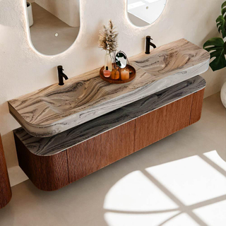 MONDIAZ THOR-DLUX Meuble de salle de bains 190cm arrondi gauche + droite couleur Ruby avec 2 tiroirs et 2 portes. Vasque suspendue CLOUD Double 2 trous de robinet couleur Sombra.