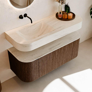 MONDIAZ THOR-DLUX Meuble de salle de bains 120cm arrondi gauche + droite couleur Walnut avec 1 tiroir et 2 portes. Vasque suspendue CLOUD Gauche sans trou de robinet couleur Meli.