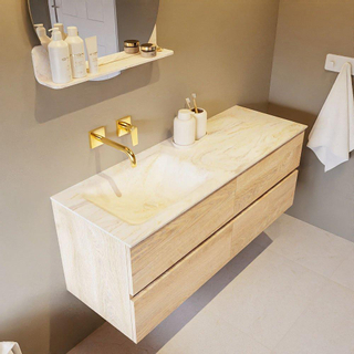 Mondiaz VICA-DLUX ensemble de meuble de salle de bain - 130cm - meuble sous-vasque chêne blanchi - 4 tiroirs - lavabo encastré cloud gauche - sans trous de robinet - miroir modèle spot - version XL 60cm de haut - ostra