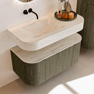 MONDIAZ THOR-DLUX 100cm meuble de salle de bains arrondi gauche + droite couleur Shadow avec 1 tiroir et 2 portes. Vasque suspendue CLOUD Gauche sans trou de robinet couleur Meli.