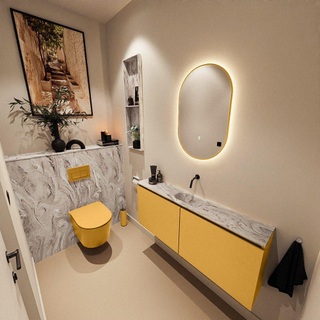 MONDIAZ TURE-DLUX Meuble toilette - 120cm - Ocher - EDEN - vasque Glace - position centrale - sans trou de robinet