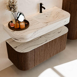 MONDIAZ THOR-DLUX 110cm badmeubel ronding links + rechts kleur Walnut met 1 lade en 2 deuren. Vrijhangende wastafel CLOUD Rechts 1 kraangat kleur Nata.