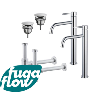 FortiFura Calvi Kit robinet lavabo - pour double vasque - robinet rehaussé - bonde non-obturable - siphon design - Chrome brillant