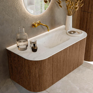 MONDIAZ KURVE-DLUX 100cm Meuble salle de bain avec module 25 G et D - couleur Walnut - 1 tiroir - 2 portes - vasque GRUNNE centre - sans trou de robinet - couleur Opalo