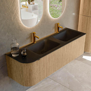 MONDIAZ KURVE 145cm badmeubel met module 25 L kleur Oak met 1 lade en 1 deur. Wastafel CLOUD dubbel / rechts 2 kraangaten Urban.