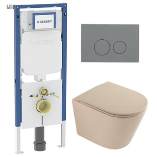 QeramiQ Dely Toiletset - 36.3x51.7cm - diepspoel - rimless - Geberit UP720 inbouwreservoir - softclose toilet zitting - bedieningsplaat licht grijs - ronde knoppen - mat beige