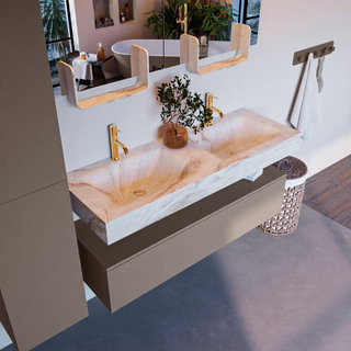 Mondiaz ALAN-DLUX Ensemble de meuble - 130cm - meuble Smoke mat - 1 tiroir - Lavabo Cloud Frappe suspendu - vasque Gauche et droite - 2 trous de robinet