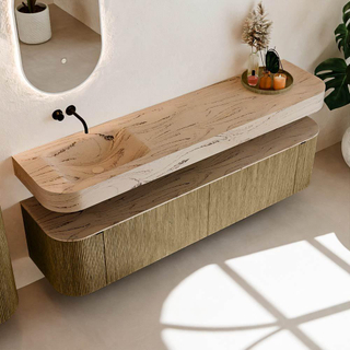 MONDIAZ THOR-DLUX Meuble de salle de bains 190cm arrondi gauche + droite couleur Dusk avec 2 tiroirs et 2 portes. Vasque suspendue CLOUD Gauche sans trou de robinet couleur Arena.