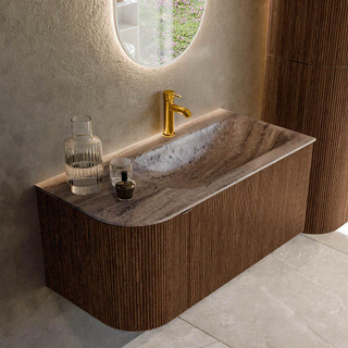 MONDIAZ KURVE-DLUX 95cm badmeubel ronding Links kleur Walnut met 1 lade en 1 deur. Wastafel BIG SMALL Rechts 1 kraangat Oza.