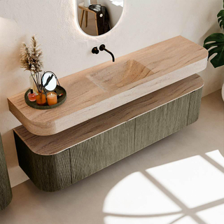 MONDIAZ THOR-DLUX 180cm meuble de salle de bains arrondi gauche + droite couleur Shadow avec 2 tiroirs et 2 portes. Vasque suspendue CLOUD Milieu sans trou de robinet couleur Saba.