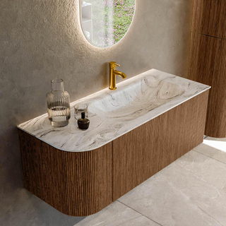 MONDIAZ KURVE-DLUX 115cm Meuble salle de bain avec module 25 G - couleur Walnut - 1 tiroir - 1 porte - vasque BIG SMALL droite - 1 trou de robinet - couleur Glace