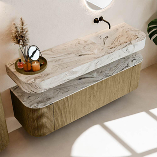 MONDIAZ THOR-DLUX 160cm meuble de salle de bains arrondi gauche + droite couleur Dusk avec 1 tiroir et 2 portes. Vasque suspendue CLOUD Droite sans trou de robinet couleur Glace.