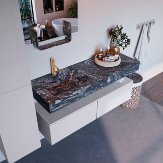 Mondiaz ALAN-DLUX Ensemble de meuble - 130cm - meuble Cale mat - 2 tiroirs - Lavabo Cloud Lava suspendu - vasque Gauche - 1 trou de robinet