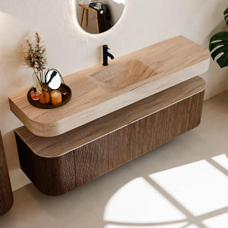 MONDIAZ THOR-DLUX Meuble de salle de bains 170cm arrondi gauche + droite couleur Walnut avec 1 tiroir et 2 portes. Vasque suspendue CLOUD Milieu 1 trou de robinet couleur Saba.