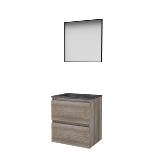 Basic-Line ensemble de meubles de salle de bain 60x46cm sans poignée 2 tiroirs vasque en pierre dure 0 trous de robinetterie miroir cadre aluminium noir mat tout autour mfc scotch oak