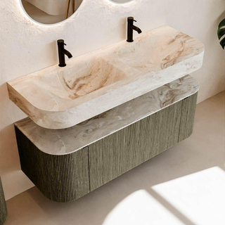 MONDIAZ THOR-DLUX 130cm meuble de salle de bains arrondi gauche + droite couleur Shadow avec 1 tiroir et 2 portes. Vasque suspendue CLOUD Double 2 trous de robinet couleur Frappe.