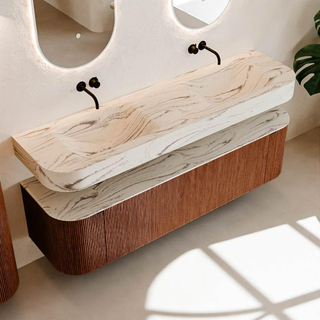 MONDIAZ THOR-DLUX 170cm meuble de salle de bains arrondi gauche + droite couleur Ruby avec 1 tiroir et 2 portes. Vasque suspendue CLOUD Double sans trou de robinet couleur Nata.