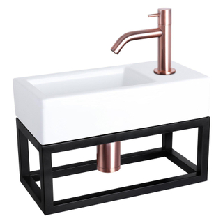 Differnz Ravo kit lave-mains - 38.5x18.5x25cm - Rectangulaire - 1 trou de robinet - Robinet en cuivre courbé - avec cadre noir - Céramique blanche