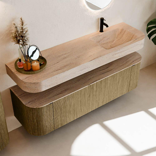 MONDIAZ THOR-DLUX 160cm meuble de salle de bains arrondi gauche + droite couleur Dusk avec 1 tiroir et 2 portes. Vasque suspendue CLOUD Droite 1 trou de robinet couleur Saba.