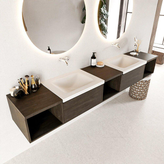 MONDIAZ BUKLA 240cm ensemble de meuble avec module ouvert 40 L+M+R couleur Marron Foncé avec 2 tiroirs. Lavabo CLOUD double 0 trous de robinet couleur Talc.