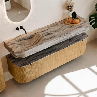 MONDIAZ THOR-DLUX 170cm badmeubel ronding links + rechts kleur Oak met 1 lade en 2 deuren. Vrijhangende wastafel CLOUD Links zonder kraangat kleur Sombra.