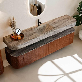 MONDIAZ THOR-DLUX 200cm meuble de salle de bains arrondi gauche + droite couleur Ruby avec 2 tiroirs et 2 portes. Vasque suspendue CLOUD Milieu 1 trou de robinet couleur Oza.