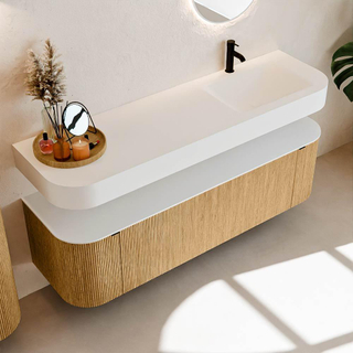 MONDIAZ THOR 160cm meuble de salle de bains arrondi gauche + droite couleur Chêne avec 1 tiroir et 2 portes. Vasque suspendue CLOUD Droite 1 trou de robinet couleur Talc.