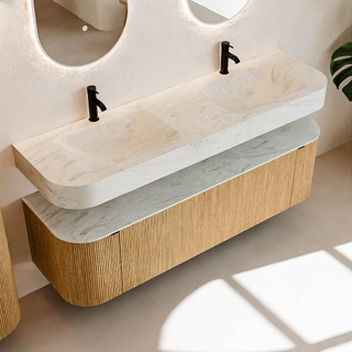 MONDIAZ THOR-DLUX 160cm meuble de salle de bains arrondi gauche + droite couleur Oak avec 1 tiroir et 2 portes. Vasque suspendue CLOUD Double 2 trous de robinet couleur Opalo.