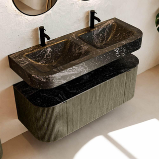 MONDIAZ THOR-DLUX 120cm meuble de salle de bains arrondi gauche + droite couleur Shadow avec 1 tiroir et 2 portes. Vasque suspendue CLOUD Double 2 trous de robinet couleur Lava.