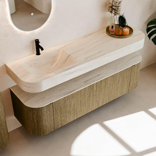 MONDIAZ THOR-DLUX 160cm meuble de salle de bains arrondi gauche + droite couleur Dusk avec 1 tiroir et 2 portes. Vasque suspendue CLOUD Gauche 1 trou de robinet couleur Meli.