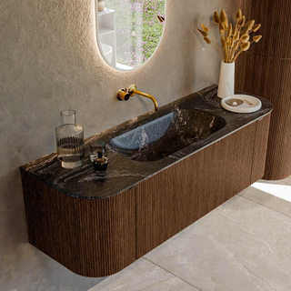 MONDIAZ KURVE-DLUX 140cm badmeubel met module 25 Len R kleur Walnut met 1 lade en 2 deuren. Wastafel BIG SMALL midden zonder kraangat kleur Lava.