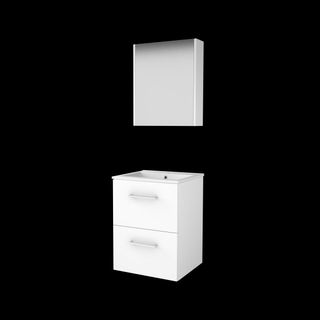 Basic-Line Comfort 46 ensemble de meubles de salle de bain 50x46cm avec poignées 2 tiroirs lavabo en porcelaine 1 trou de robinetterie armoire de toilette mdf laqué blanc glacier