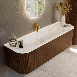 MONDIAZ KURVE-DLUX 150cm badmeubel met module 25 Len R kleur Walnut met 1 lade en 2 deuren. Wastafel BIG MEDIUM midden 1 kraangat kleur Frappe.