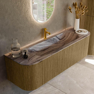 MONDIAZ KURVE-DLUX 150cm badmeubel ronding Links + Rechts kleur Dusk met 1 lade en 2 deuren. Wastafel BIG MEDIUM Midden 1 kraangat Sombra.