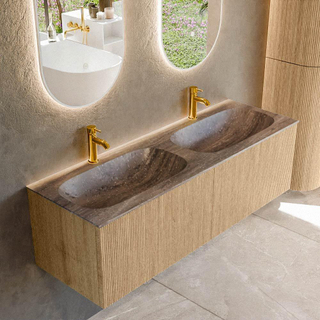 MONDIAZ KURVE-DLUX 140cm badmeubel kleur Oak met 2 lades en 0 deuren. Wastafel STOR SMALL Dubbel 2 kraangaten Oza.