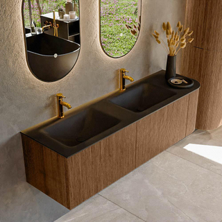 MONDIAZ KURVE 155cm Meuble salle de bain avec module 25 D - couleur Walnut - 2 tiroirs - 1 porte - vasque CLOUD double / gauche - 2 trous de robinet - Urban