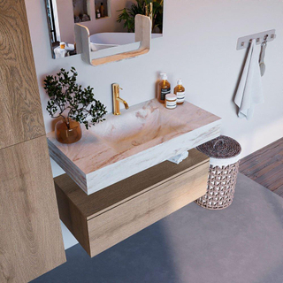 Mondiaz ALAN-DLUX Ensemble de meuble - 90cm - meuble Washed Oak mat - 1 tiroir - Lavabo Cloud Frappe suspendu - vasque Centre - 1 trou de robinet