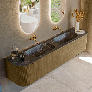 Mondiaz KURVE-DLUX Badkamermeubelset - 200x46x40cm - 2 lade - 2 deuren - wastafel solid surface - dubbel - zonder kraangat - Dusk