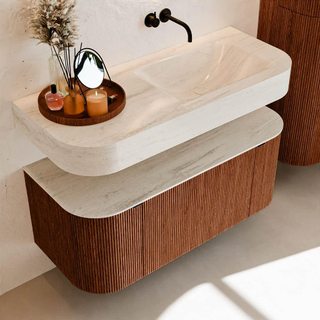 MONDIAZ THOR-DLUX Meuble de salle de bains 110cm arrondi gauche + droite couleur Ruby avec 1 tiroir et 2 portes. Vasque suspendue CLOUD Droite sans trou de robinet couleur Meli.