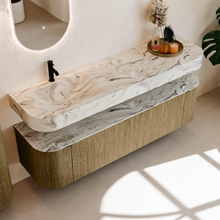 MONDIAZ THOR-DLUX Meuble de salle de bains 170cm arrondi gauche + droite couleur Dusk avec 1 tiroir et 2 portes. Vasque suspendue CLOUD Gauche 1 trou de robinet couleur Glace.