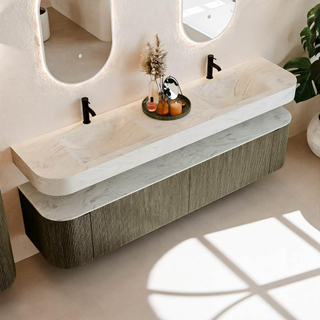 MONDIAZ THOR-DLUX 200cm meuble de salle de bains arrondi gauche + droite couleur Shadow avec 2 tiroirs et 2 portes. Vasque suspendue CLOUD Double 2 trous de robinet couleur Opalo.