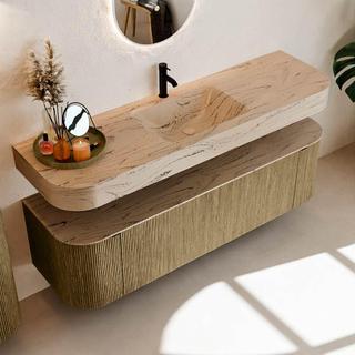 MONDIAZ THOR-DLUX 160cm meuble de salle de bains arrondi gauche + droite couleur Dusk avec 1 tiroir et 2 portes. Vasque suspendue CLOUD Milieu 1 trou de robinet couleur Arena.