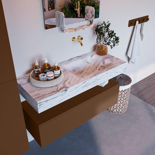 Mondiaz ALAN-DLUX Ensemble de meuble - 110cm - meuble Rust mat - 1 tiroir - Lavabo Cloud Glace suspendu - vasque Droite - 0 trous de robinet