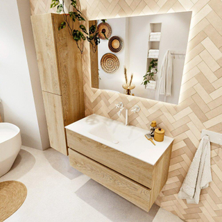 MONDIAZ VICA 100cm badmeubel onderkast Washed Oak 2 lades. Wastafel CLOUD midden 1 kraangat, kleur Talc.